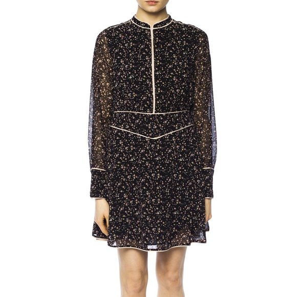 AllSaints Kay Floral Motif Sheer Chiffon Mini Dress Long Sleeve Black Pink - Picture 2 of 11